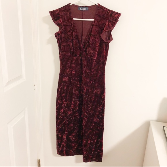 Velour Ruffle-Sleeve Bodycon Midi Dress - Picture 1 of 6